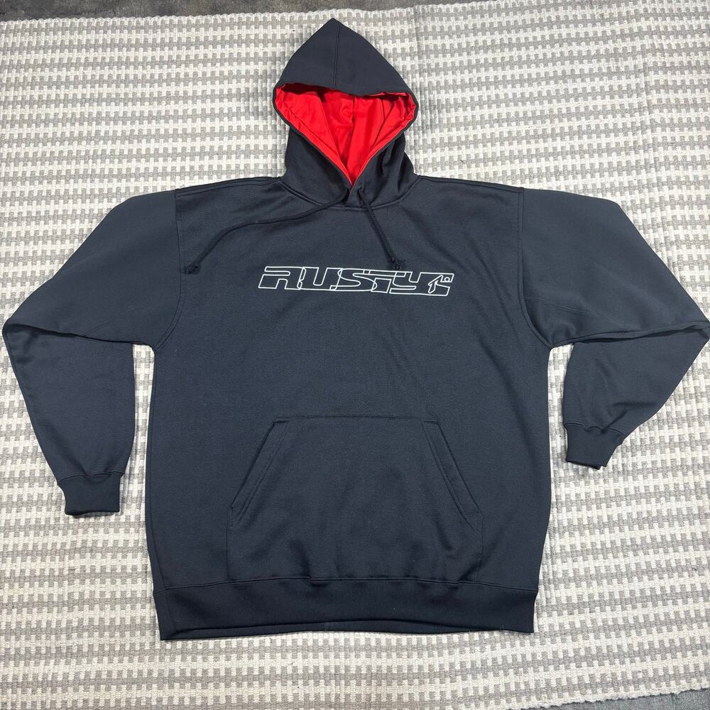 Vintage Rusty Heavyweight Fleece Pullover Hoodie Black Red Lining‎ Sz XL Mens